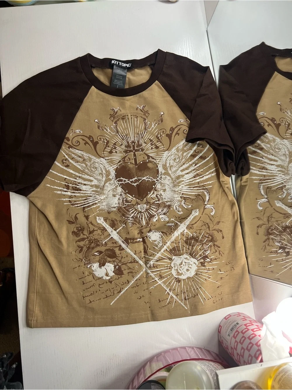 Hottopic Size S Scared Heart and Sword Rhinestone Raglan Tee
